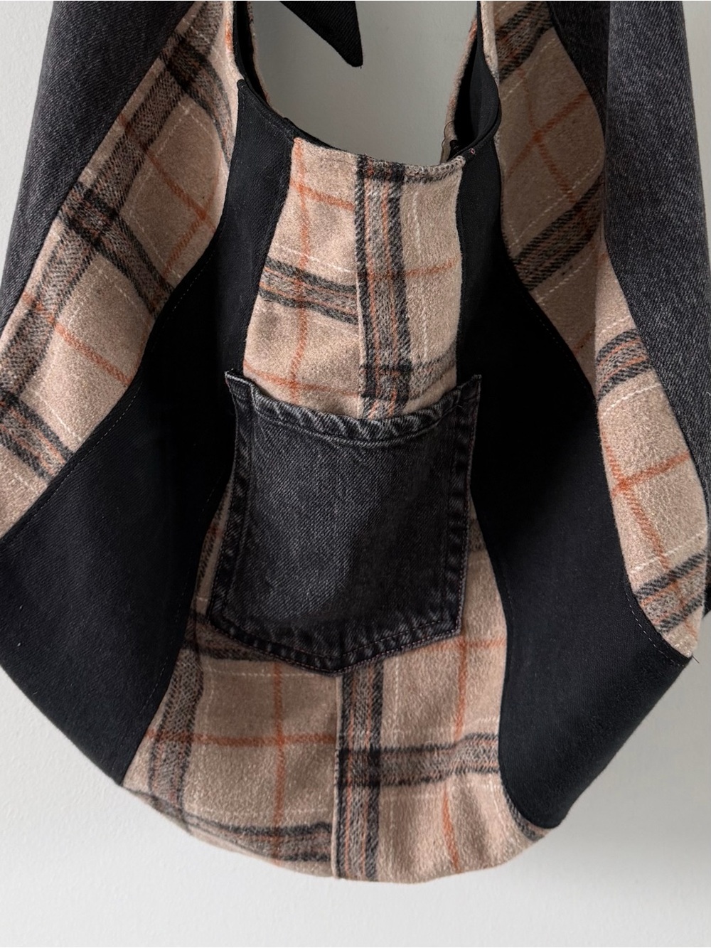 Handmade Denim Plaid Patchwork Hobo Bag Oversized Bow Tie Shoulder Tote - Picture 5 of 8